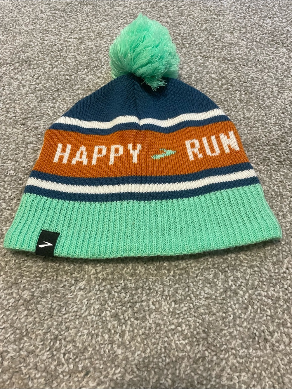 Mens Brooks Running “Happy Run” Pom Beanie - Mint, Navy & Orange
